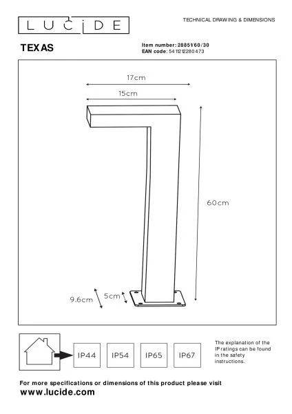 Lucide TEXAS - Pollerleuchte - LED - 1x7W 3000K - IP54 - Anthrazit - TECHNISCH